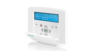 A white digital thermostat with a blue screen displaying temperature readings and control buttons below.