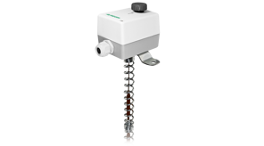 A white and gray industrial device with a coiled metal sensor and mounting bracket.