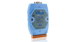 A blue and gray RS-232 to RS-485 converter with labeled ports and connectors, featuring adjustable baud rate.