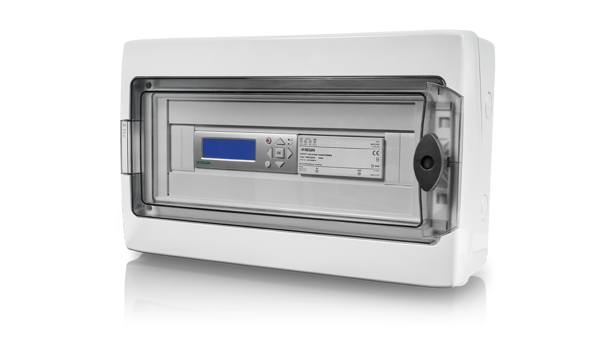 A white electrical control box with a transparent cover, a digital display, and labeled buttons.