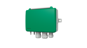 A green rectangular device with three white cable connectors at the bottom, mounted on a wall bracket.