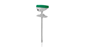 A metallic sensor device with a green top, mounted on a vertical pole with a bracket for support.