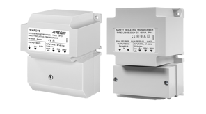 Two safety isolating transformers with white enclosures and labeled specifications are displayed side by side.